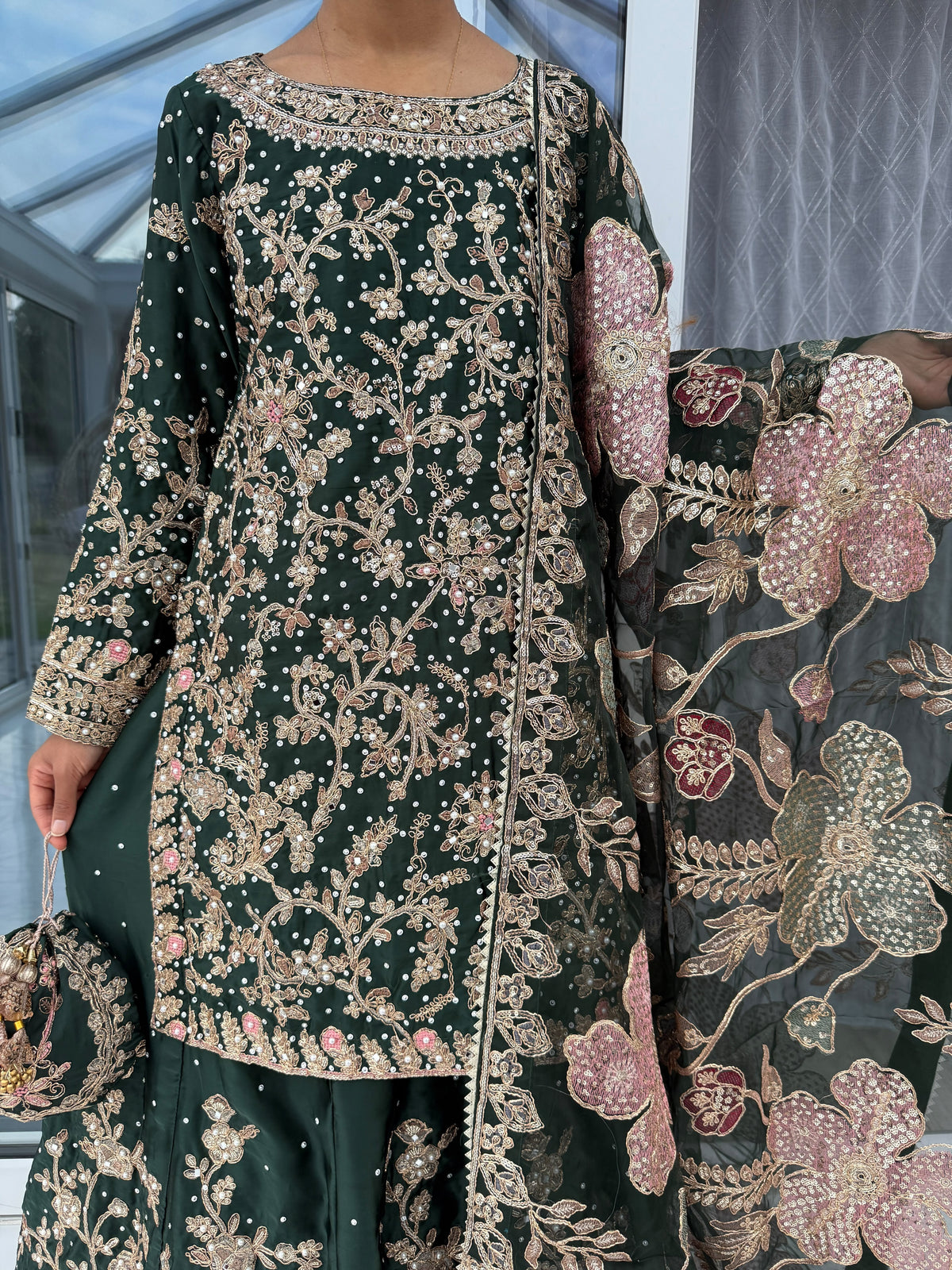 KHAANI DARK GREEN - Embroidered luxury silk kameez with Sharara