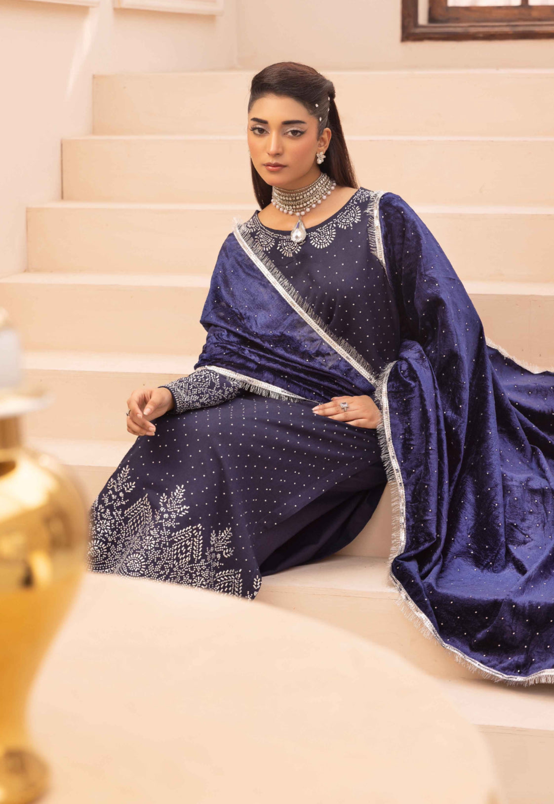 CRYSTALS SIMRANS - Luxury DHANAK outfit with diamanté and velvet shawl