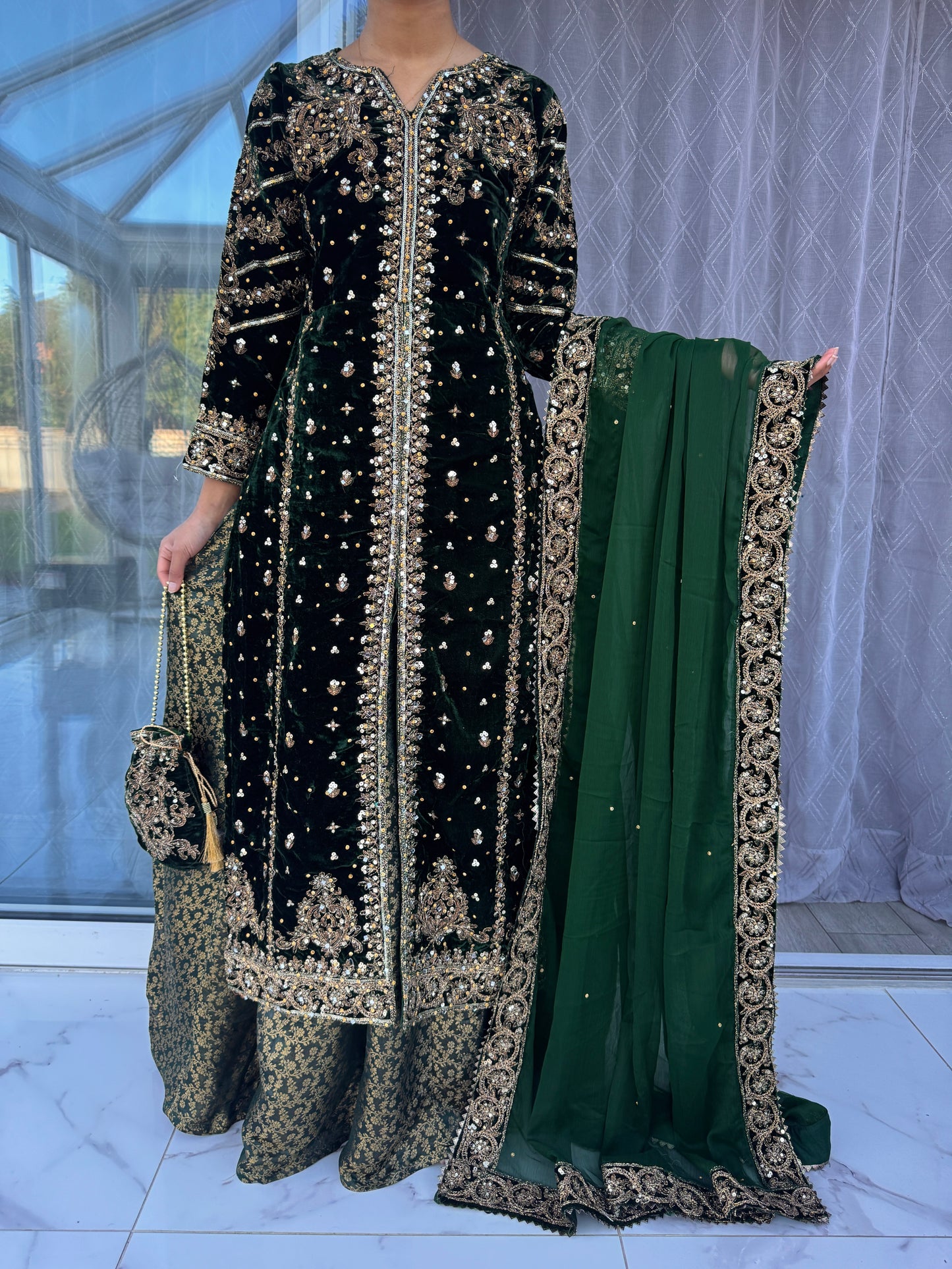 JANNAT - Embroidered Velvet Kameez with Brocade Lengha Green