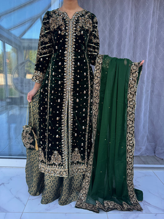 JANNAT - Embroidered Velvet Kameez with Brocade Lengha Green