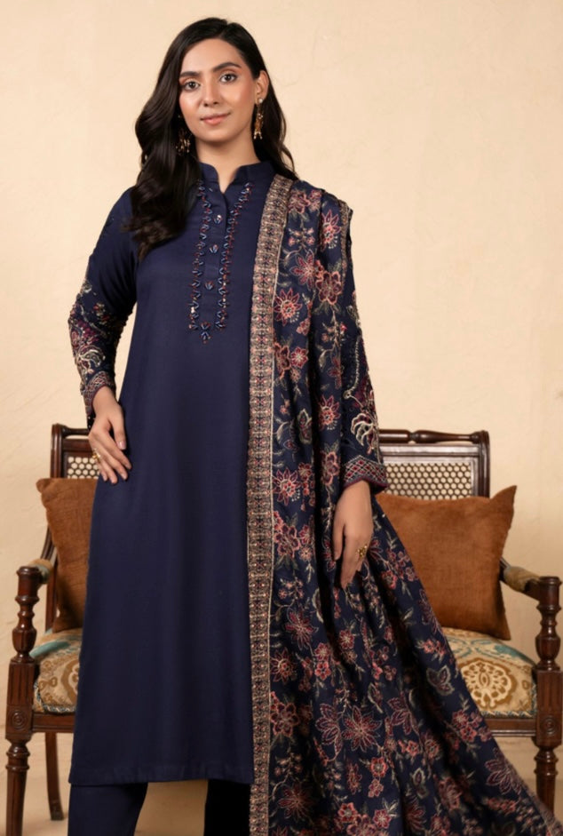 MAHAM NAVY BLUE - Embellished Dhanak kameez with embroidered Kashmiri shawl and plazo