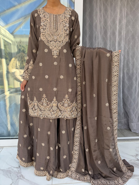 HAYA - Embroidered diamanté crinkle silk kameez with sharara and dupatta