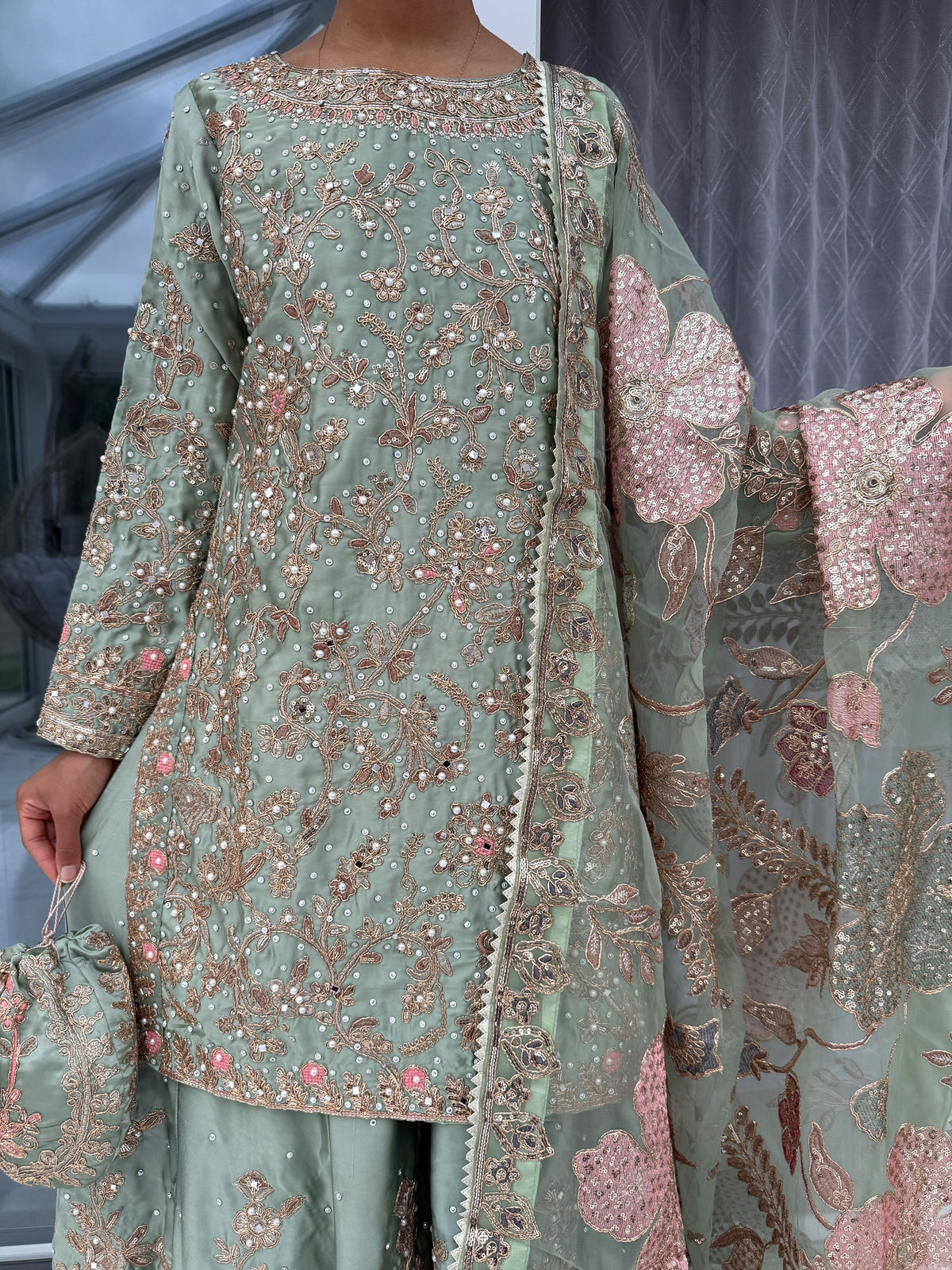 KHAANI SAGE GREEN - Embroidered luxury silk kameez with Sharara