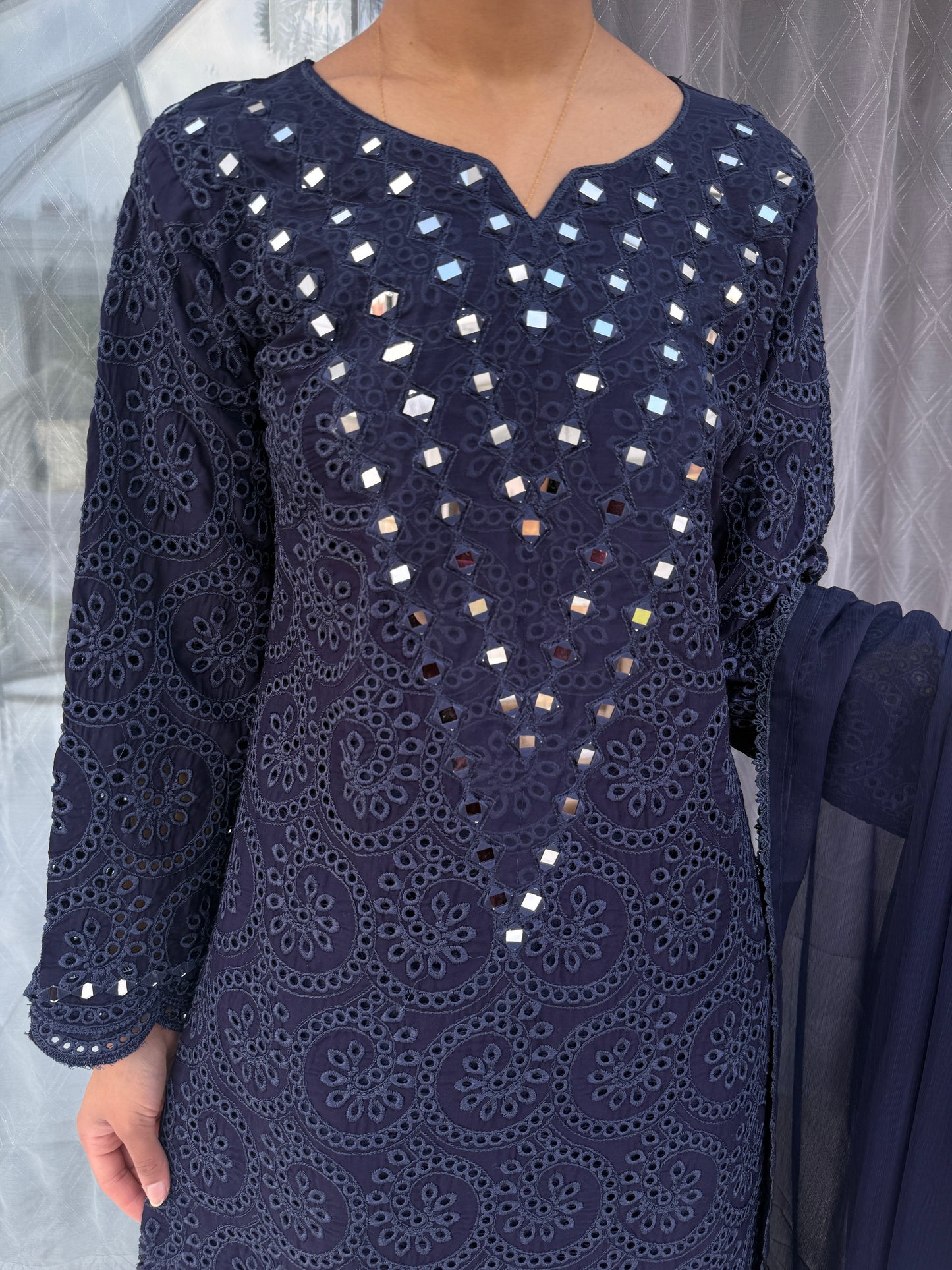 FAYZA - EMBROIDERED LINEN CHIKAN KARI KAMEEZ WITH PLAZO NAVY BLUE