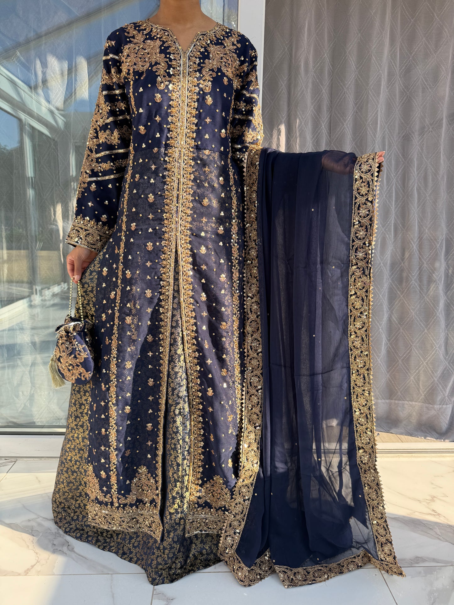 JANNAT NAVY BLUE - Embroidered chiffon kameez with brocade lengha
