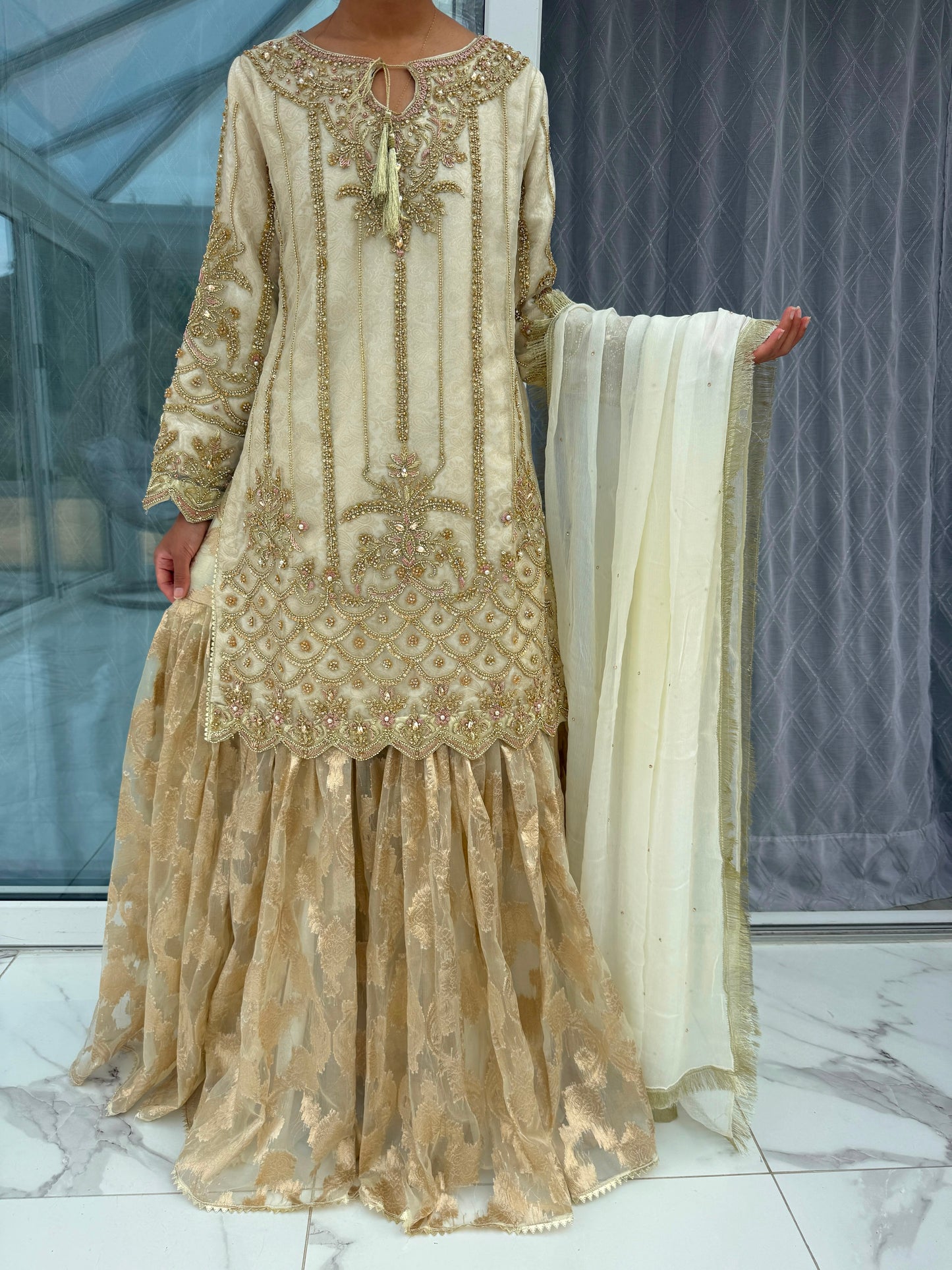 IZHAAR - Embellished organza kameez with brocade Gharara