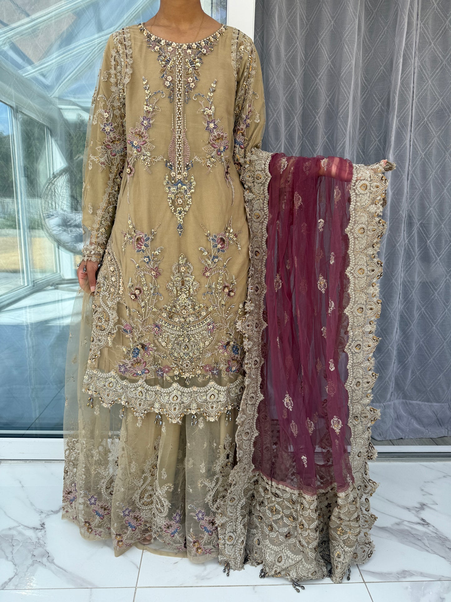 ZARKASH - Heavy embellished net kameez with embroidered sharara