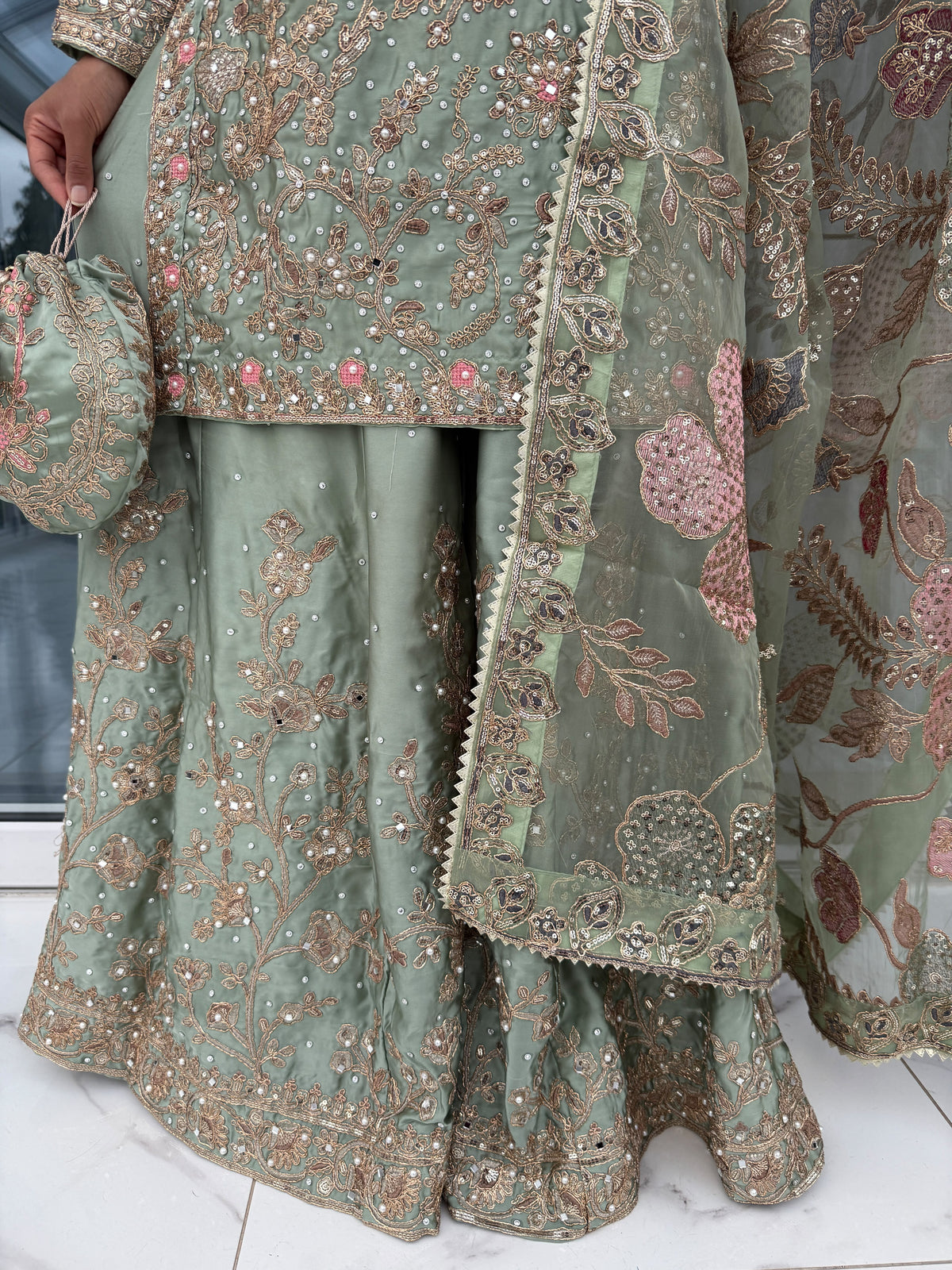 KHAANI SAGE GREEN - Embroidered luxury silk kameez with Sharara