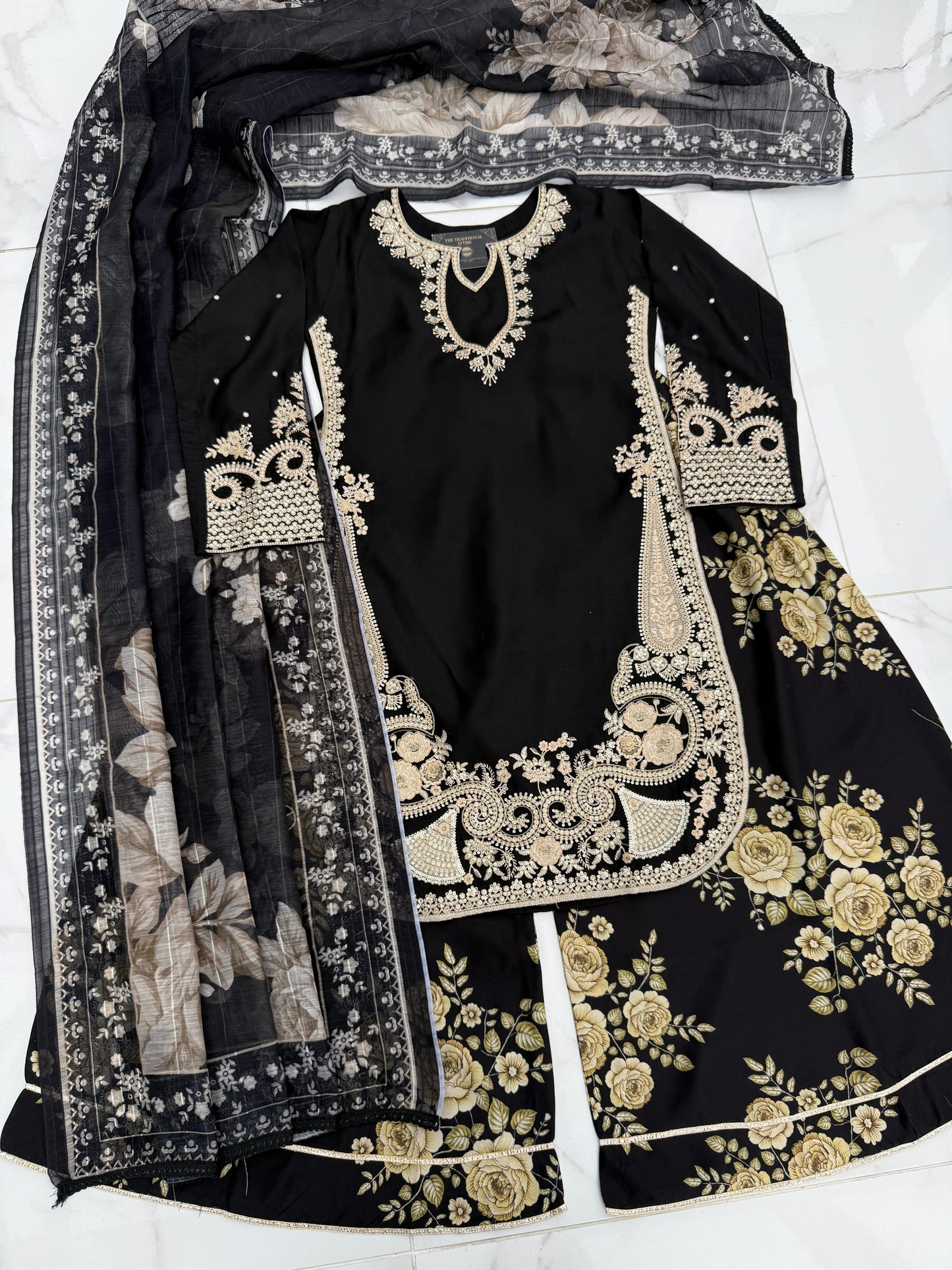 MIRA MOTHER/DAUGHTER COLLECTION BLACK - Embroidered kameez with printed Sharara
