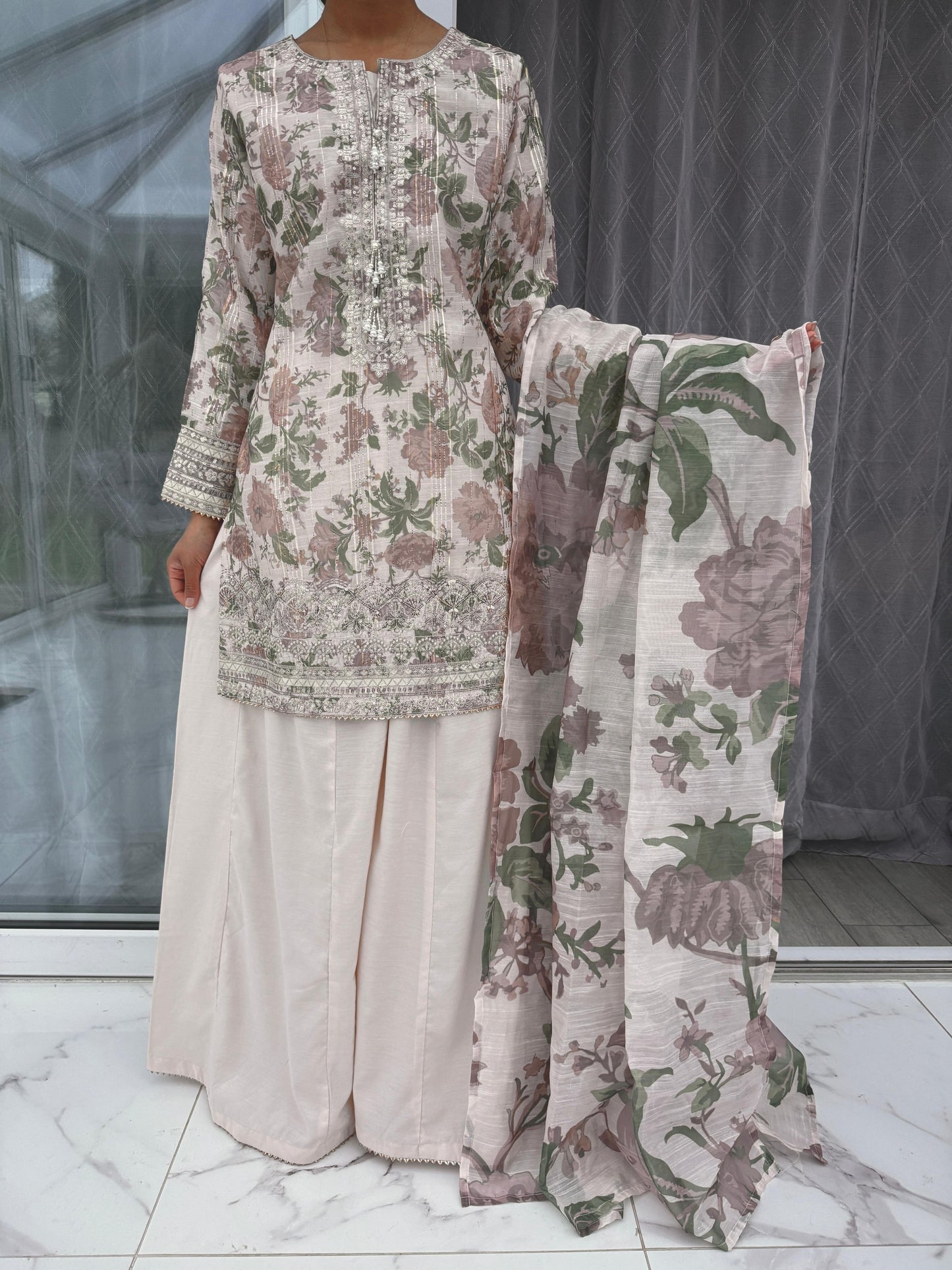 AYNAZ - Printed and embroidered monar kameez with kali sharara (mocha flowers)