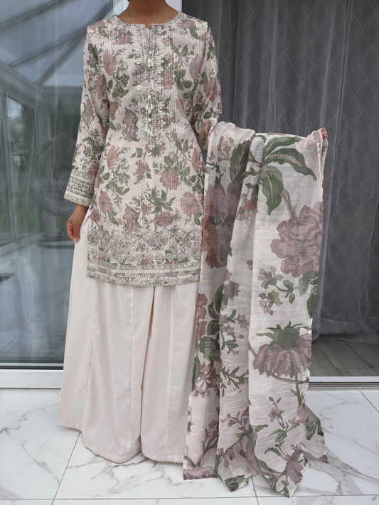 AYNAZ - Printed and embroidered monar kameez with kali sharara (mocha flowers)