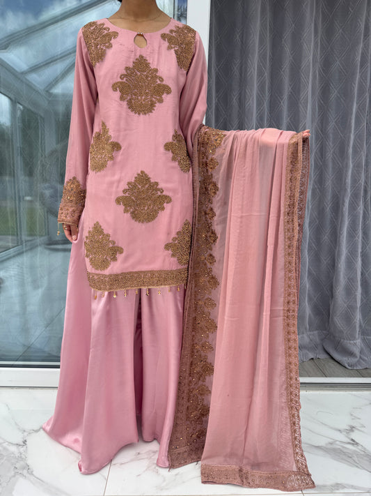 HASEENA - Embroidered chiffon kameez with diamante & silk sharara
