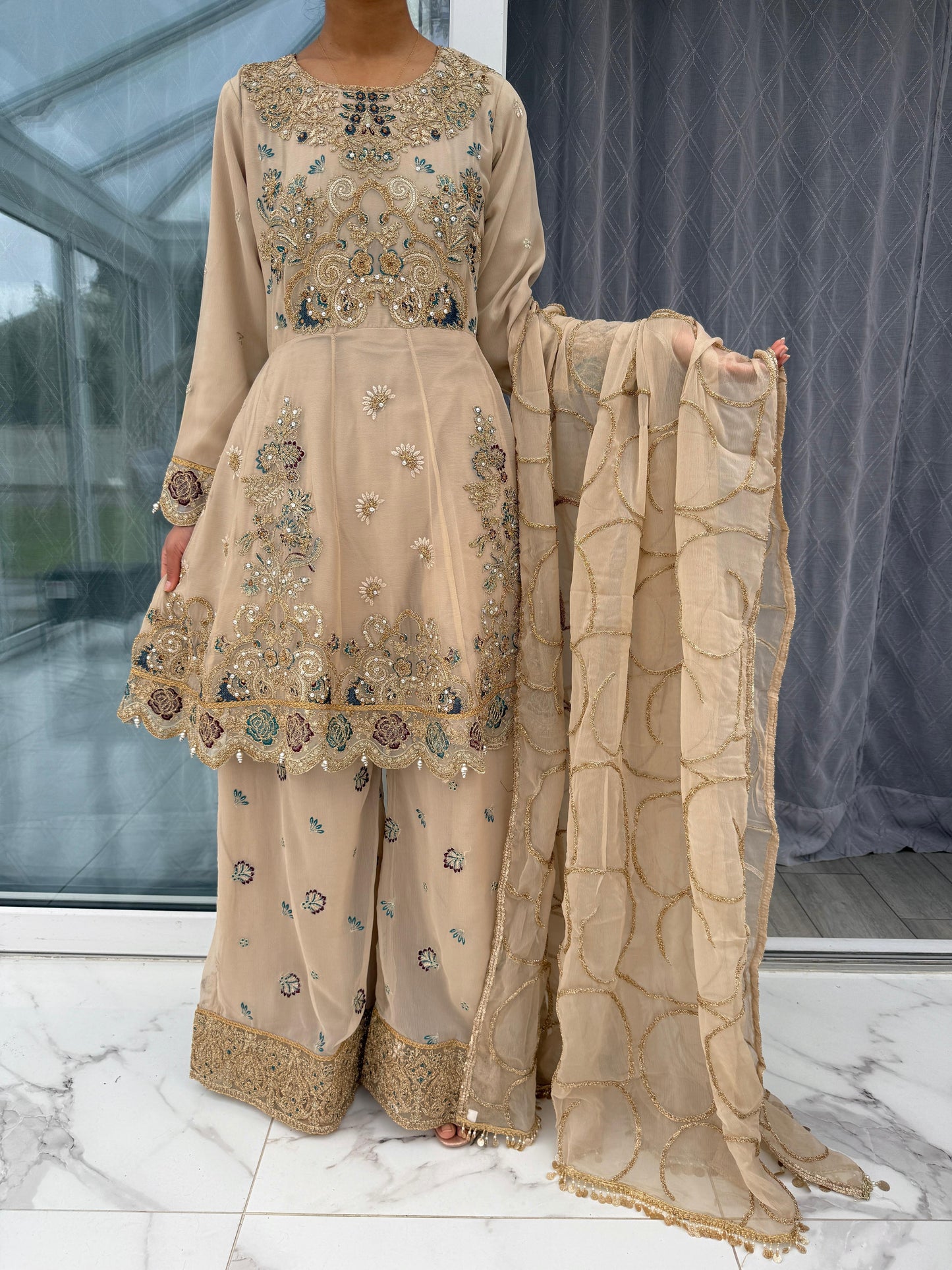 SAMAN - Luxury chiffon peplum dress with plazo