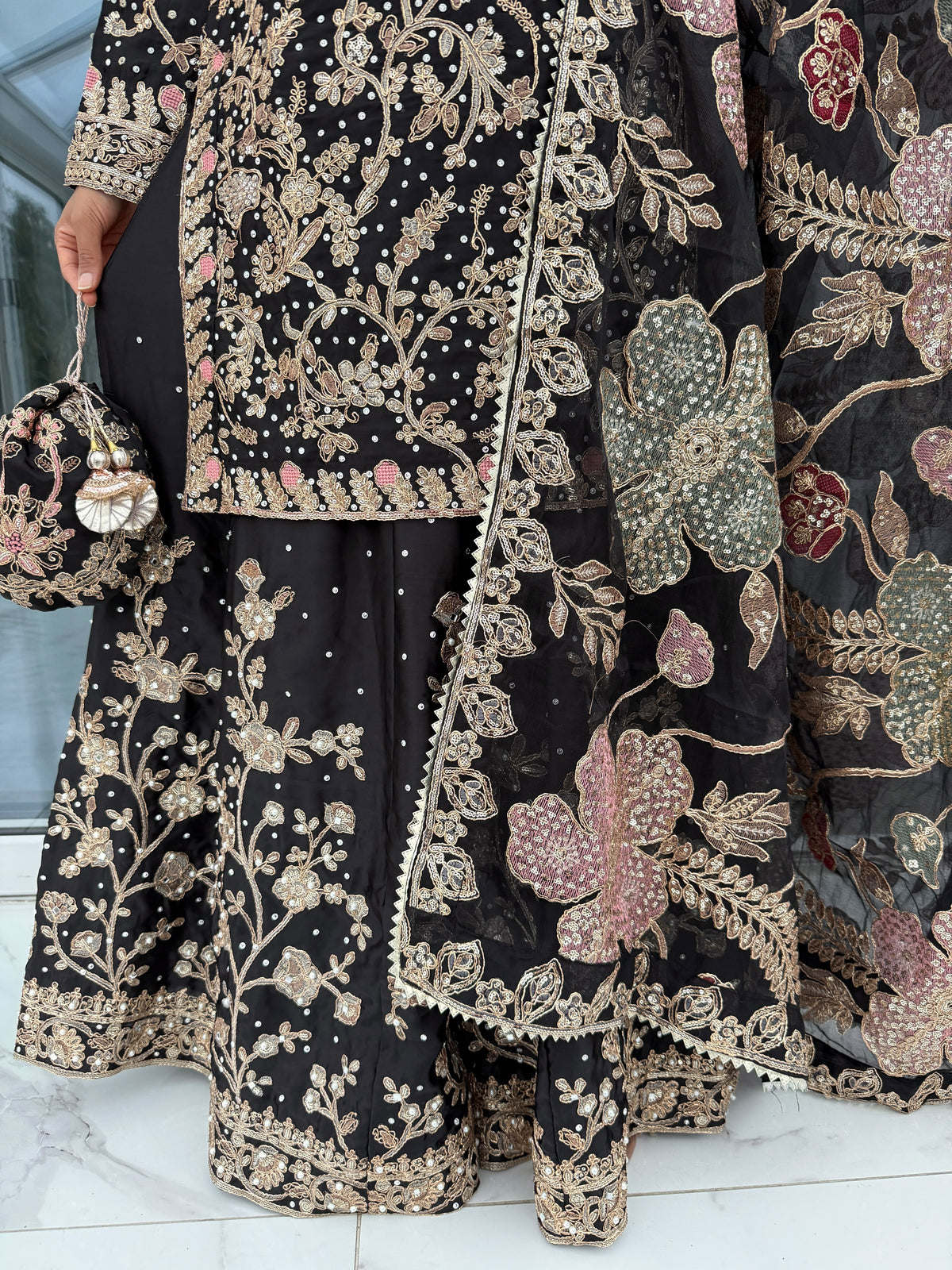 KHAANI BLACK - Embroidered luxury silk kameez with Sharara