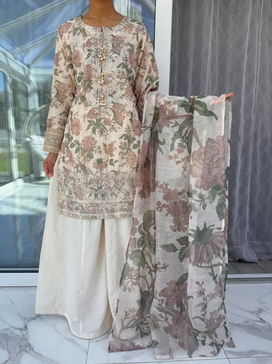 AYNAZ - Printed and embroidered monar kameez with kali sharara (mocha flowers)