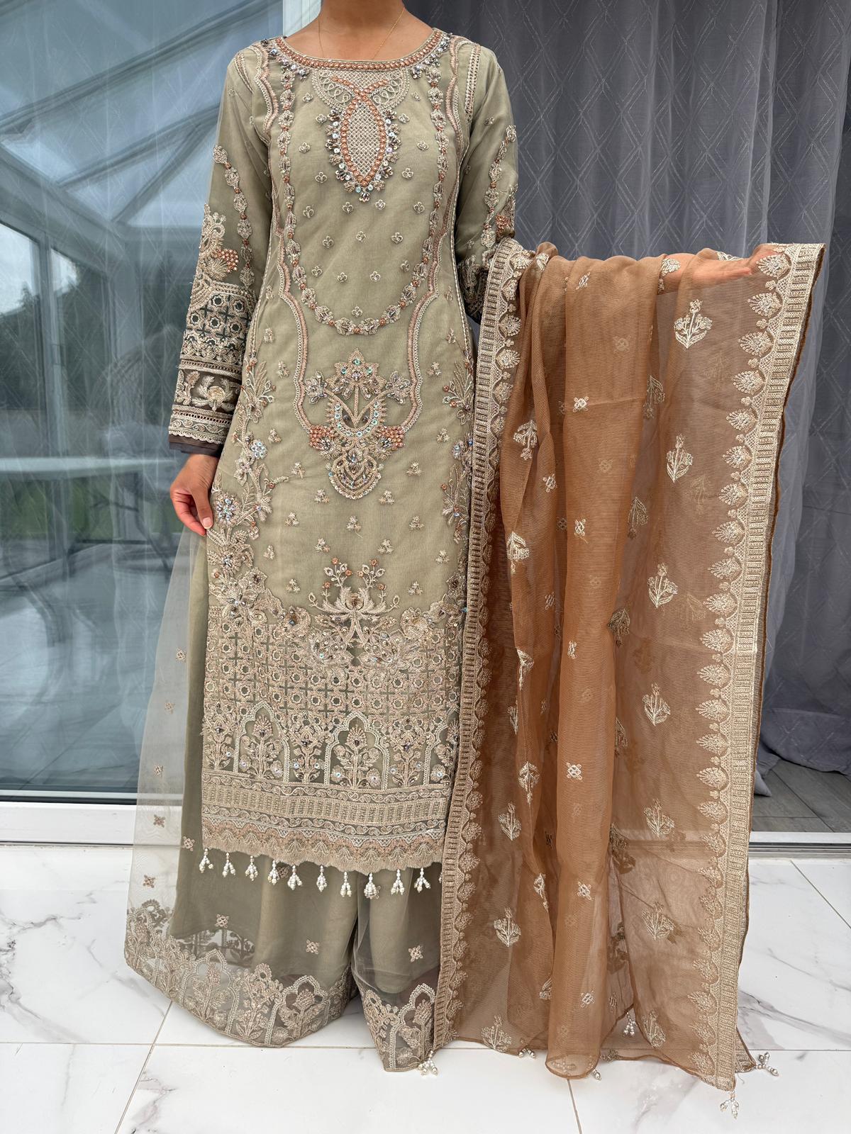ISMA GOLD - Embroidered readymade imrozia net outfit with sharara