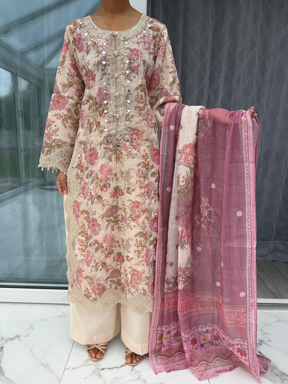 GULNAZ PINK - Embroidered and floral printed monar outfit with plazo