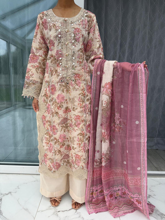 GULNAZ PINK - Embroidered and floral printed monar outfit with plazo
