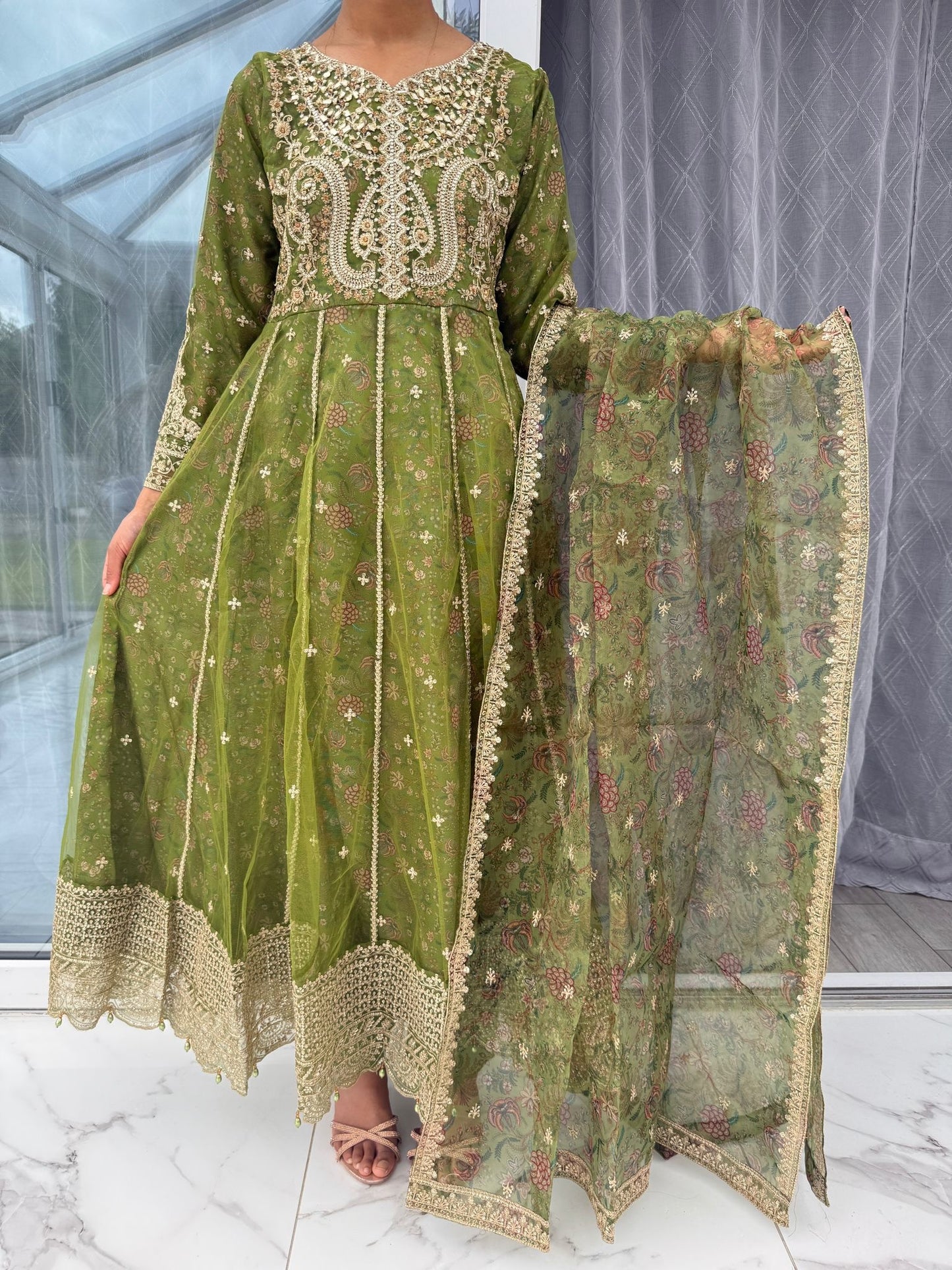 AMISHA - Embroidered net dress with floral silk lining