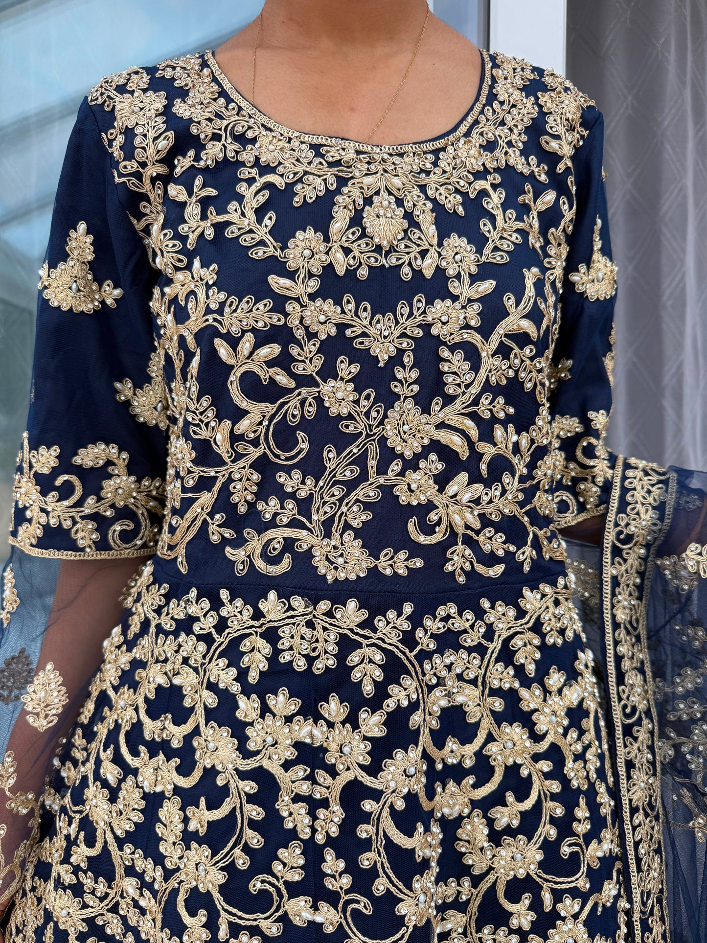 MAHNOOR NAVY BLUE - Embroidered net peplum dress with Sharara