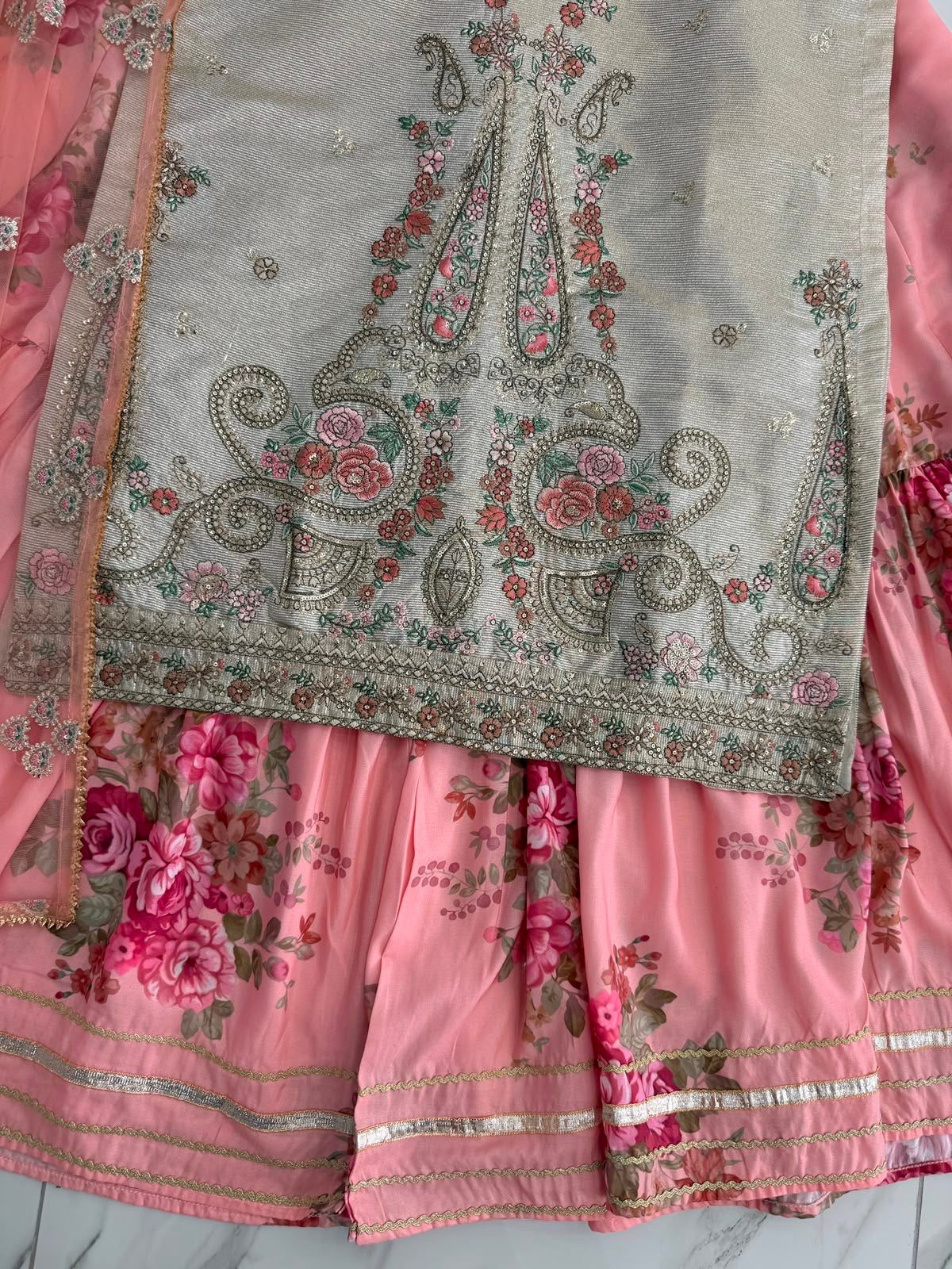 SUMAYA - Ethnic Inspired embroidered masoori kameez with floral printed Sharara