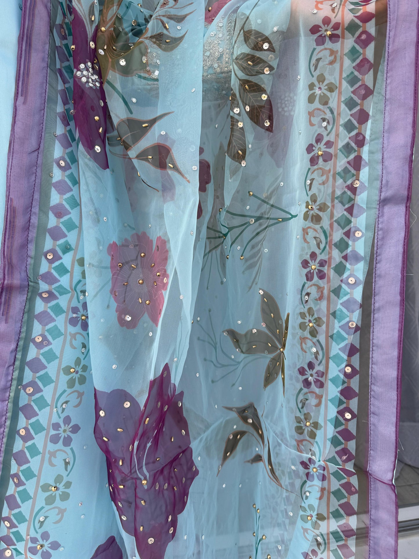 RUMANA BLUE - Embroidered silk kameez with hand painted dupatta