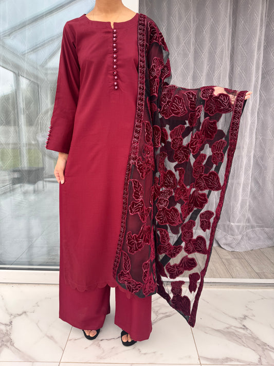 NURA SIMRANS - Dhanak readymade outfit with laserkari velvet net dupatta