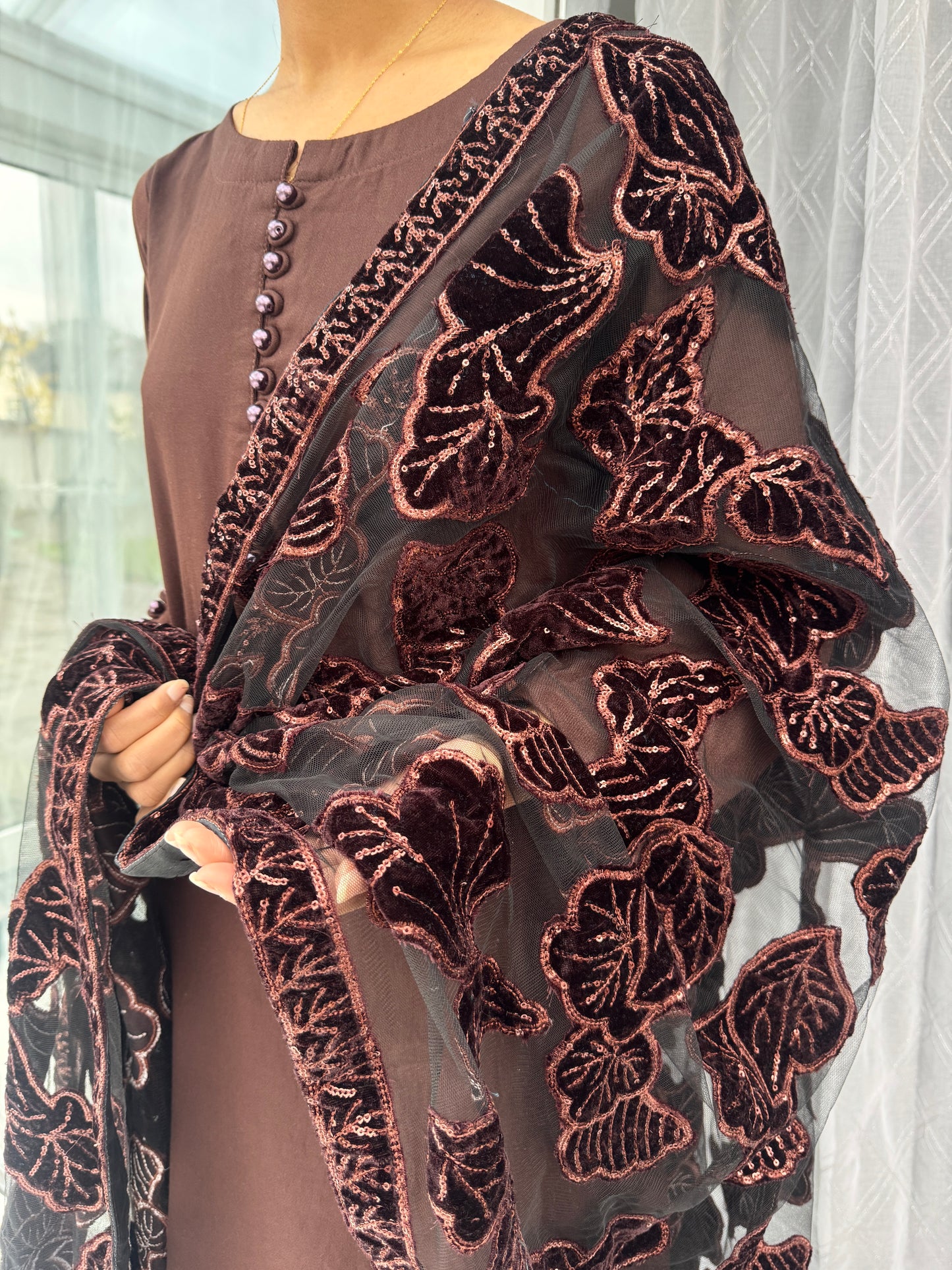 NURA SIMRANS - Dhanak readymade outfit with laserkari velvet net dupatta