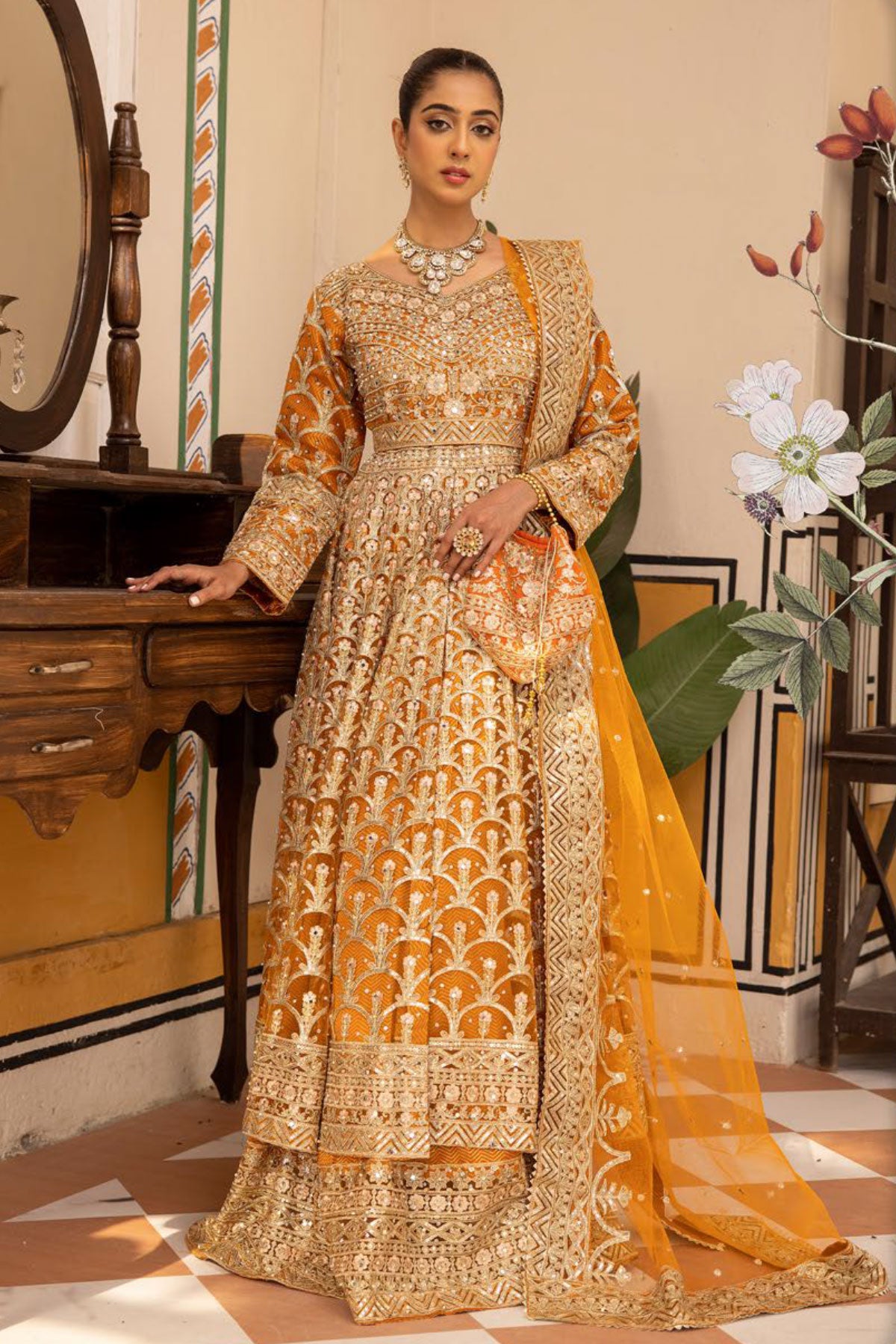 SIYANA - Embroidered net maxi dress with lengha skirt