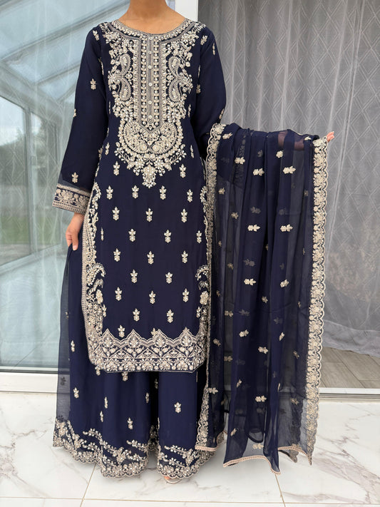 ZOYA NAVY BLUE - Embroidered chiffon kameez with Sharara