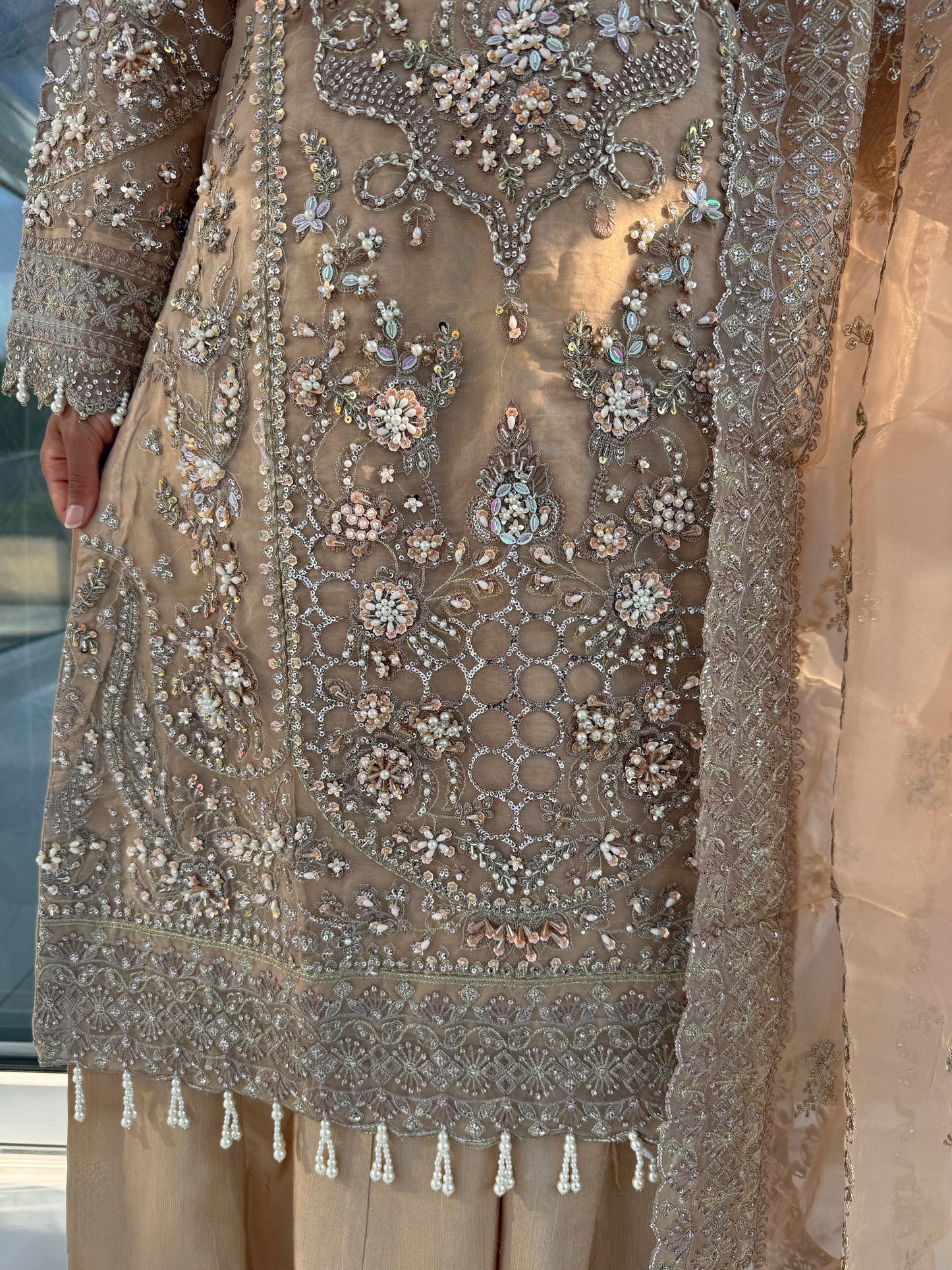 ANIQA WARM SAND - Embroidered organza kameez with handwork and Kali Sharara