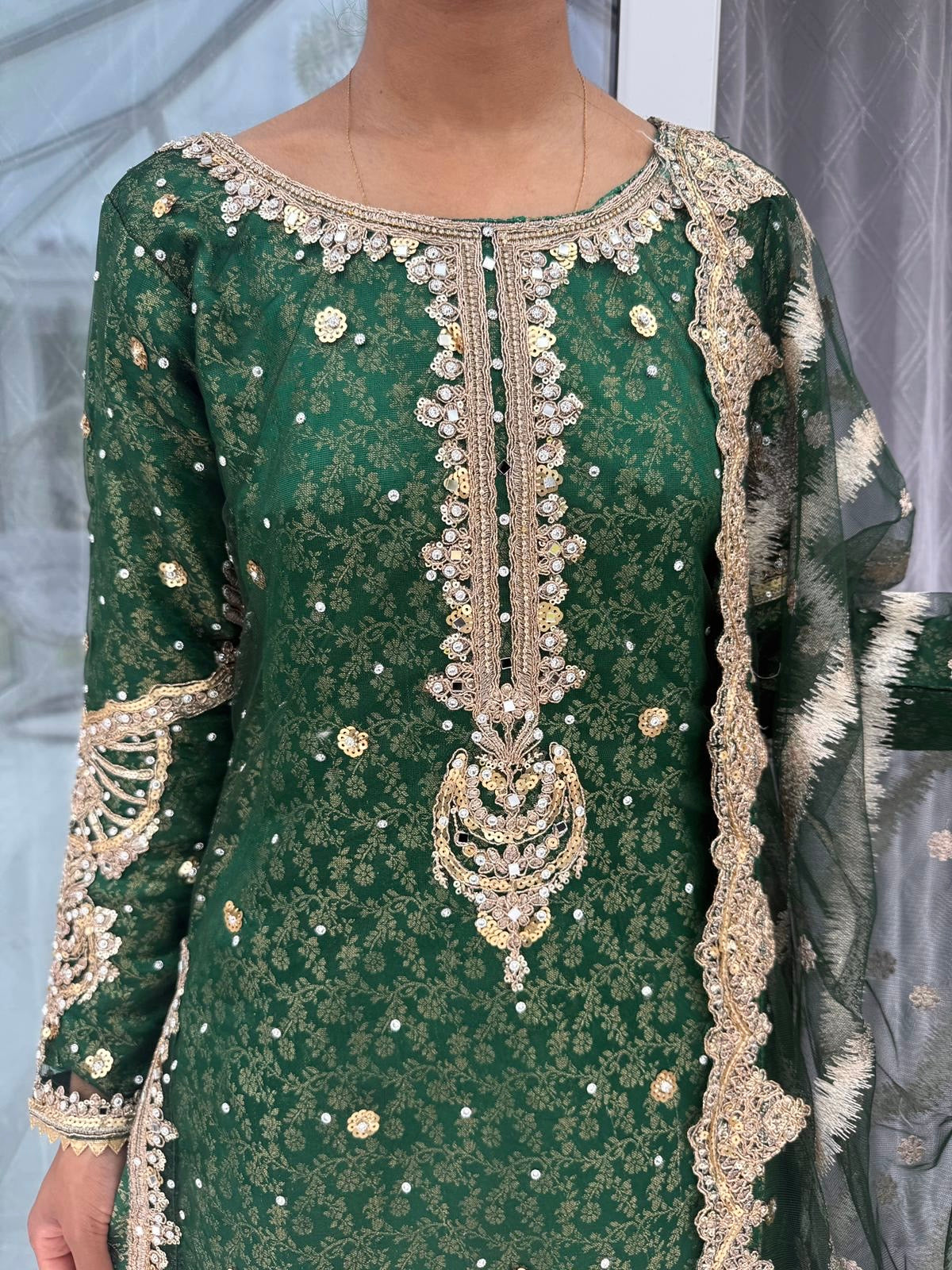 AROOJ  - Embroidered net kameez with brocade Gharara