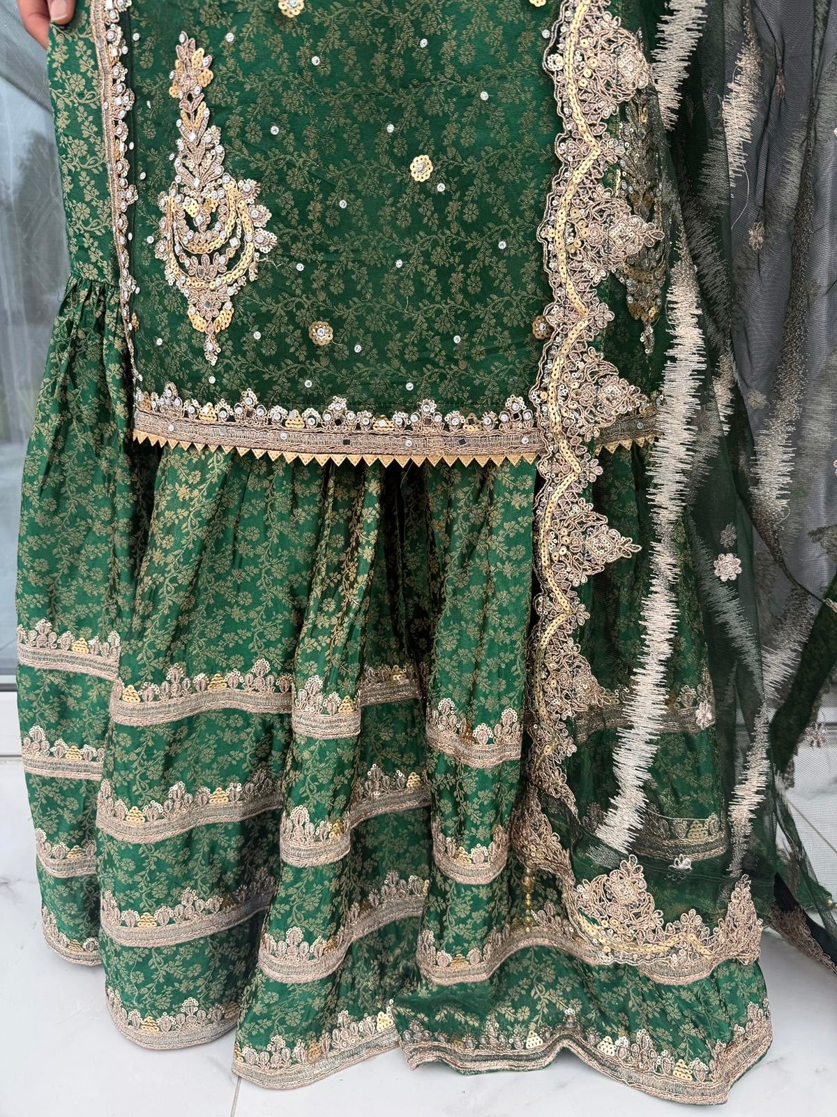 AROOJ  - Embroidered net kameez with brocade Gharara