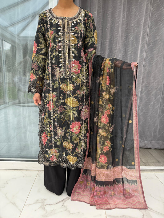 GULNAZ - Embroidered floral printed monar outfit with plazo
