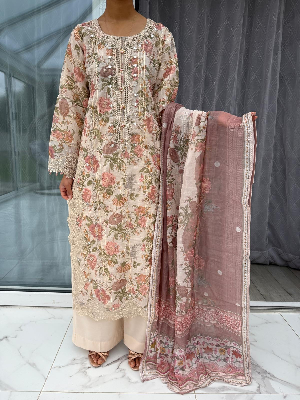 GULNAZ PEACH - Embroidered and floral printed monar outfit with plazo