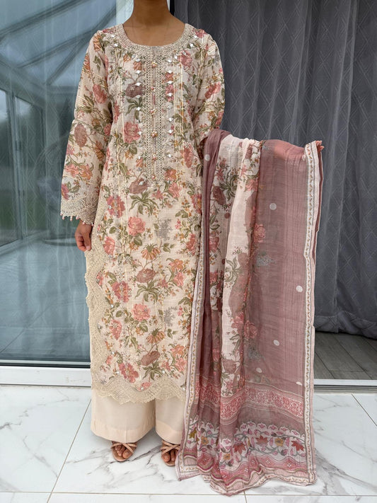 GULNAZ PEACH - Embroidered and floral printed monar outfit with plazo