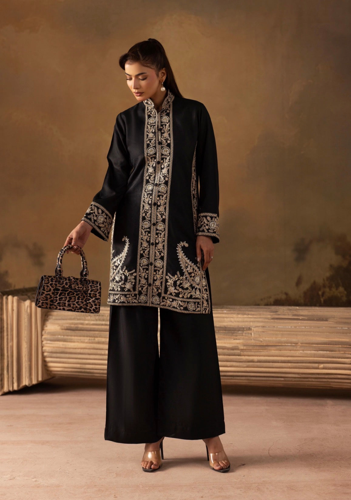 KHAADI COORDS - Embroidered 2 pc Dhanak Khaadi inspired Co-ords Black