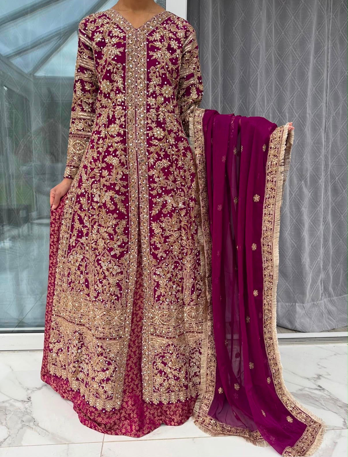 JAHAN - Embroidered chiffon kameez with brocade lengha