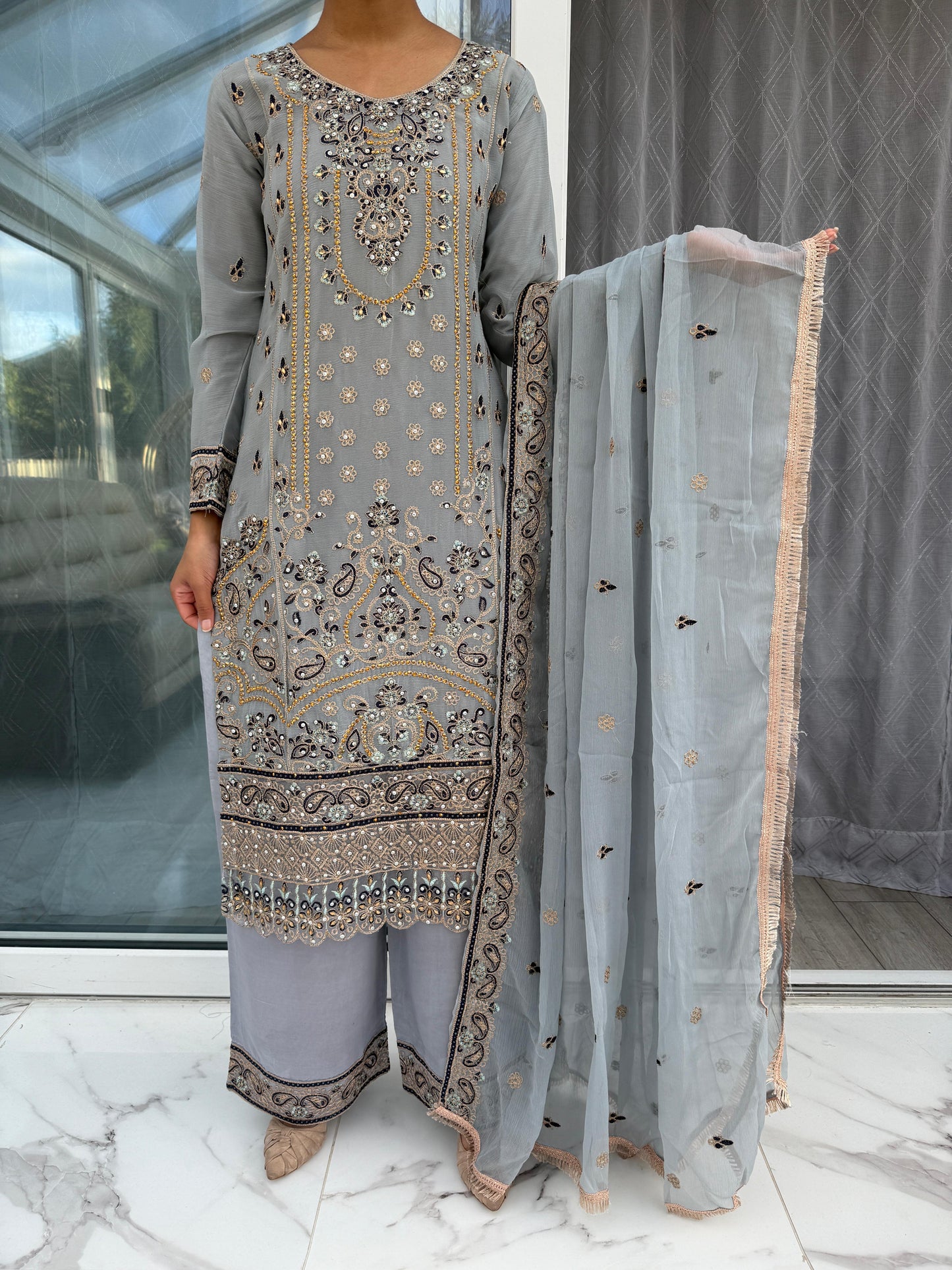 3 piece embroidered chiffon outfit