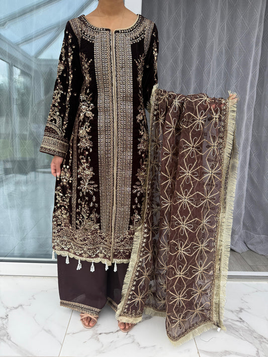 NUREH VELVET BROWN- Luxury Velvet embellished kameez with plazo