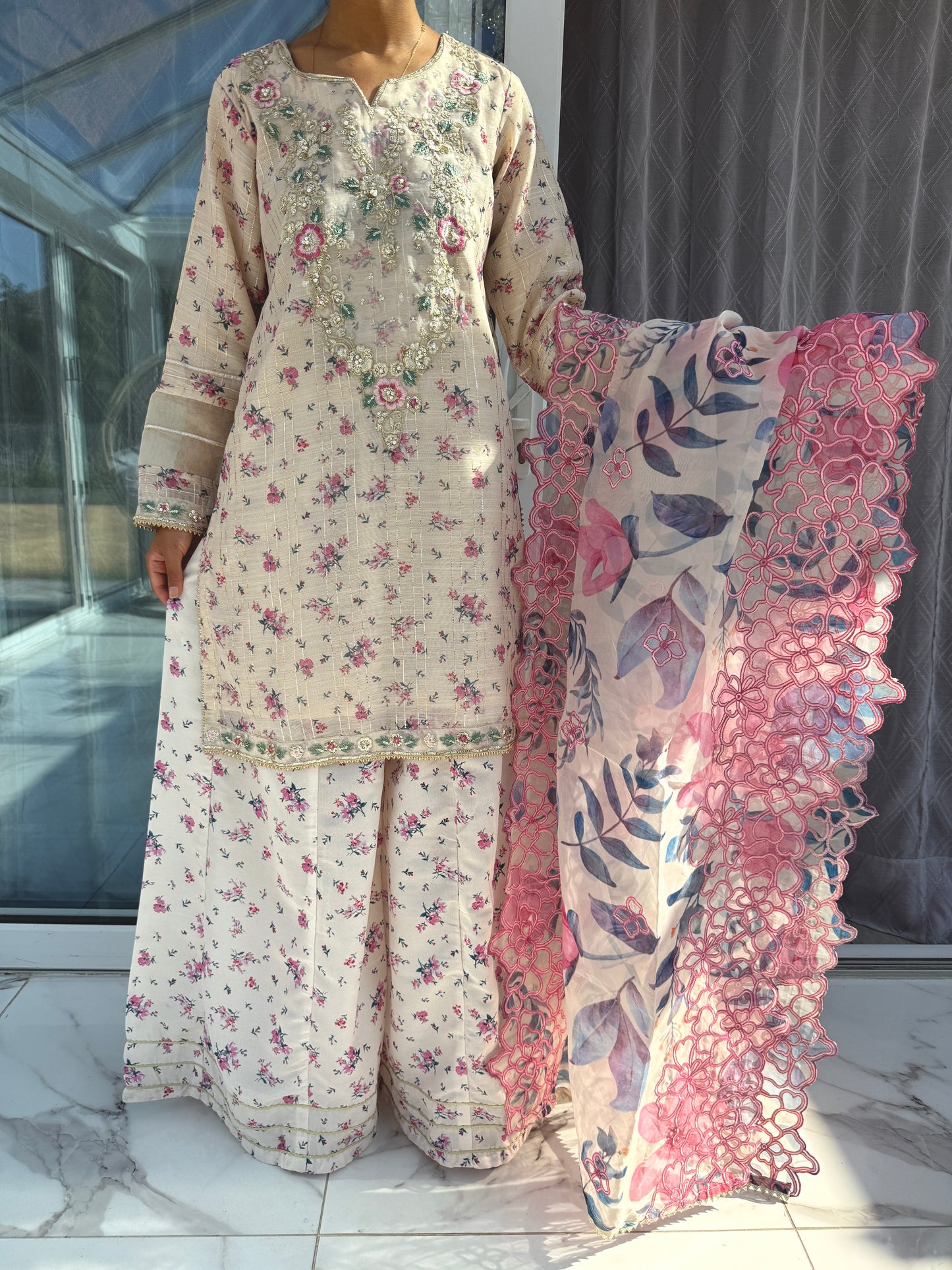 SAJAL - Printed and embroidered Monar kameez with Kali sharara