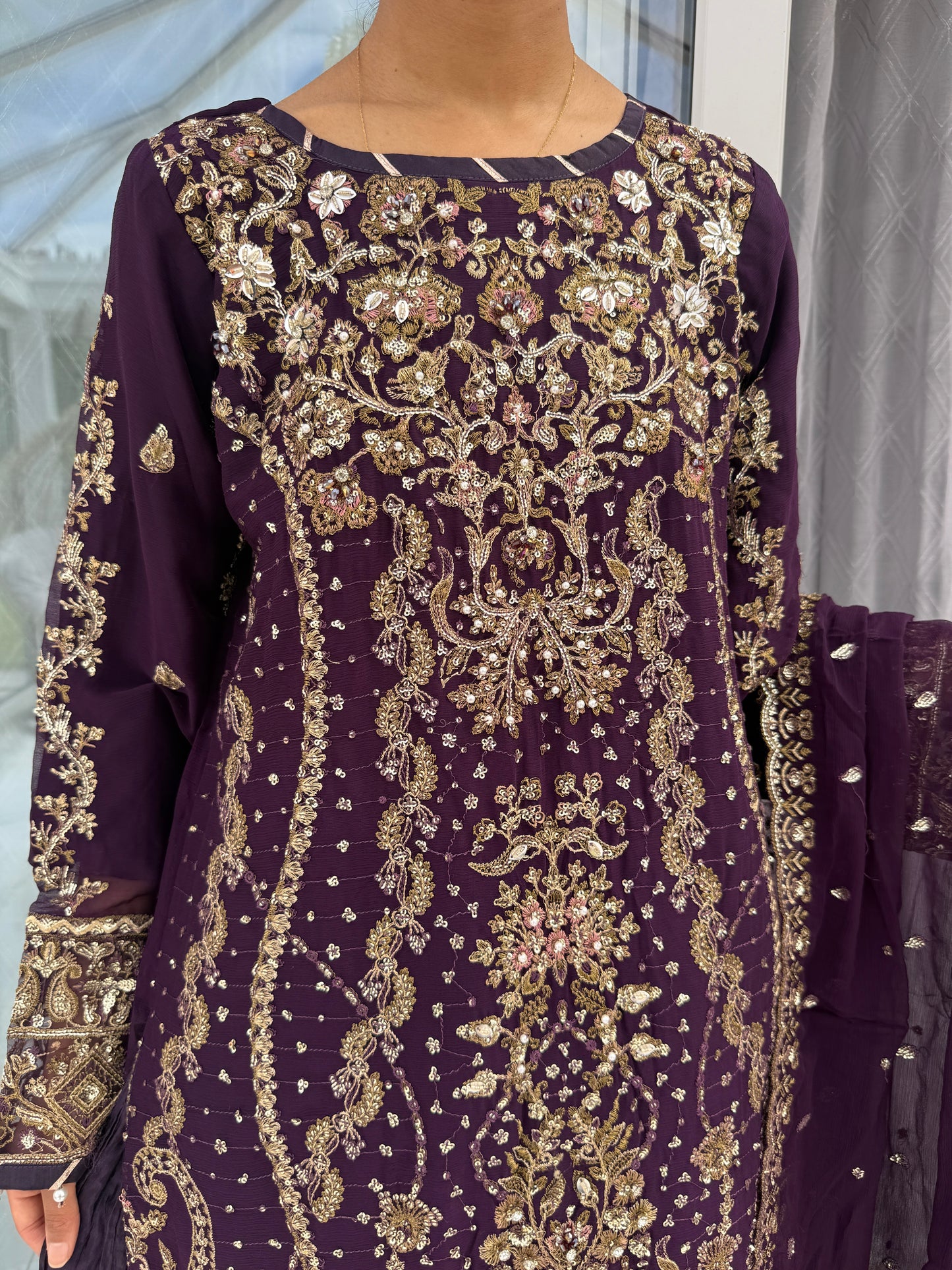 QAMAR PURPLE - Embroidered chiffon kameez with crushed sharara