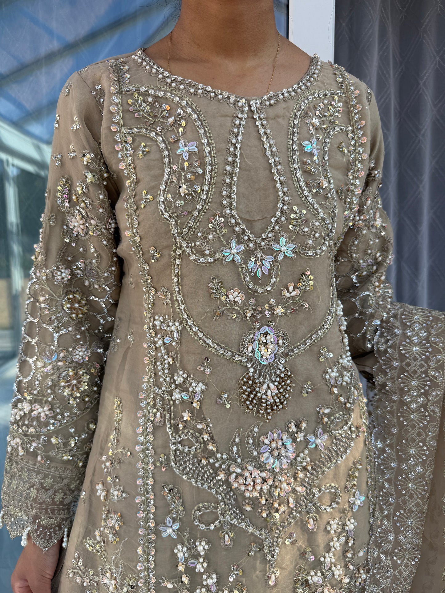 ANIQA MOCHA - Embroidered organza kameez with handwork and Kali Sharara
