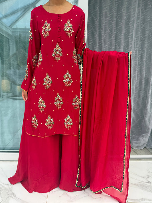 SANIYA RED- Sheesha silk kameez with handwork detailing and Sharara