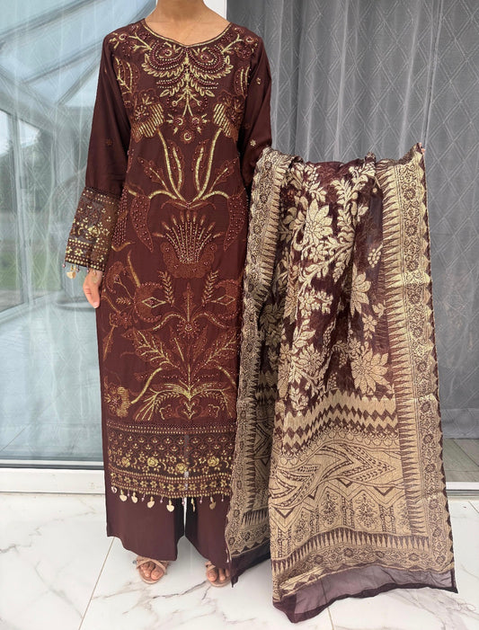 AIRA - Embroidered linen kameez with jacquard dupatta