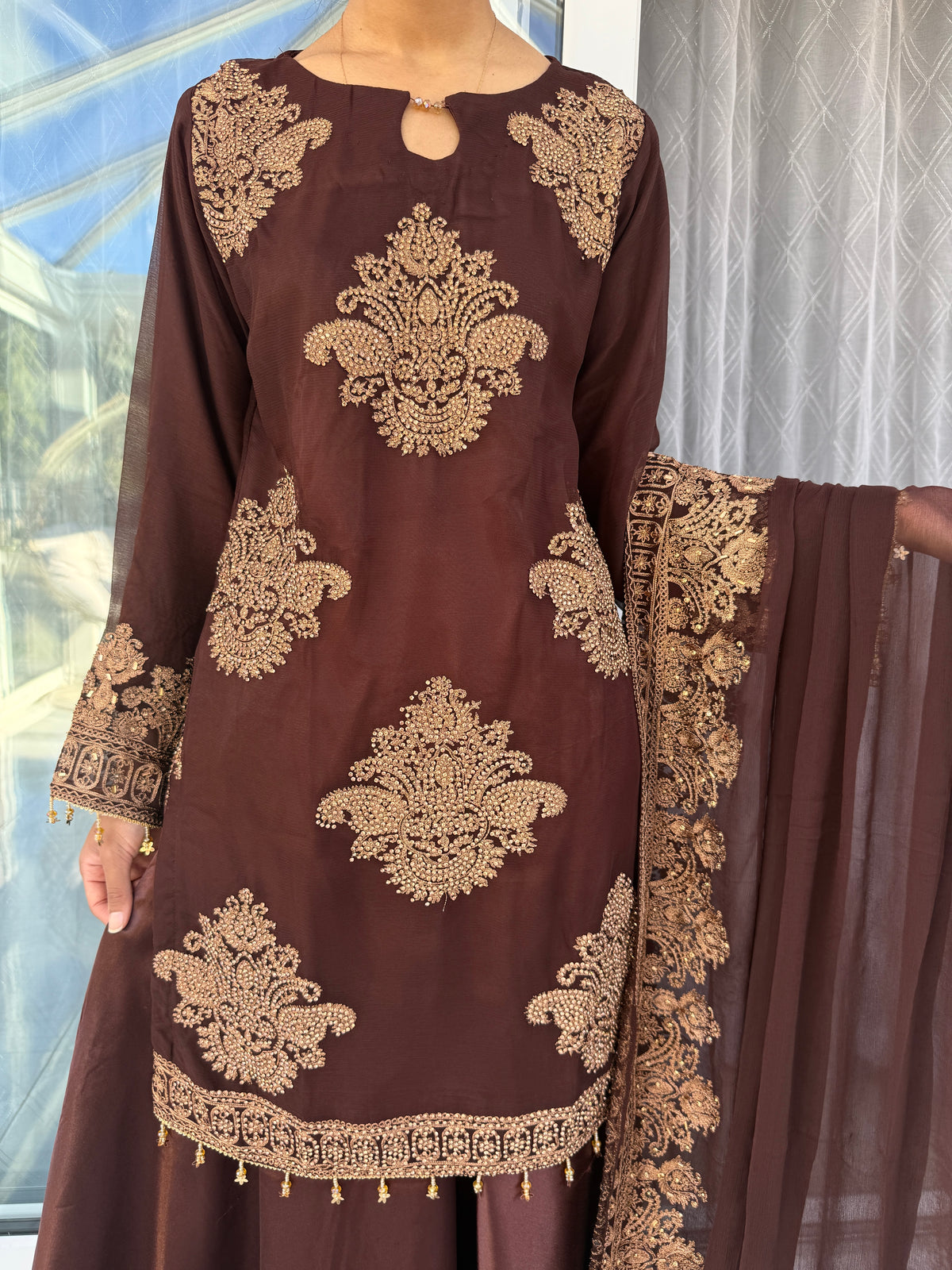 HASEENA BROWN- Embroidered chiffon kameez with diamanté and silk sharara
