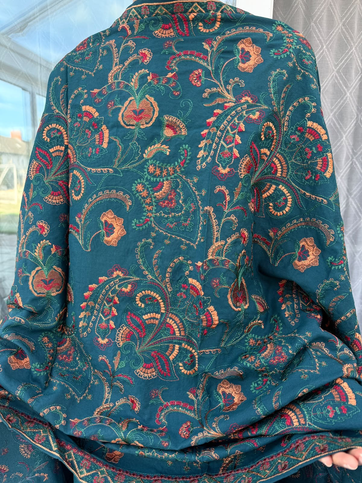 MAHAM TEAL - Embellished Dhanak kameez with embroidered Kashmiri shawl and plazo