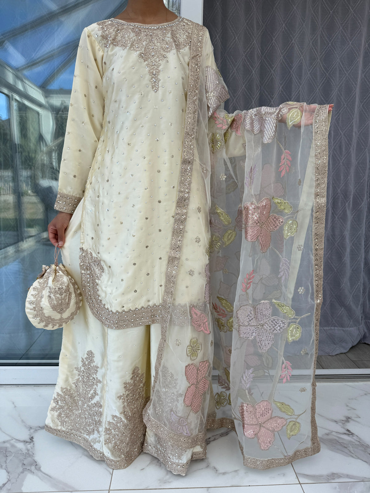 ZARYAB - Embroidered silk kameez with Sharara