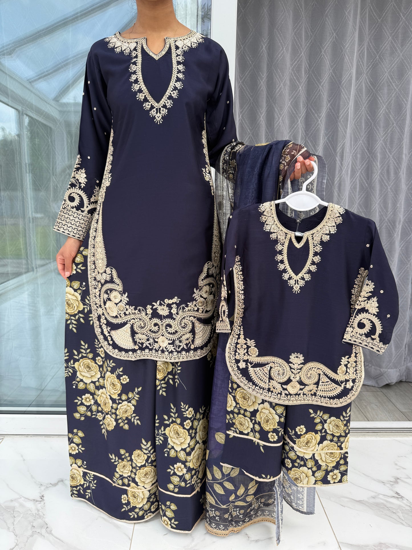MIRA MOTHER/DAUGHTER COLLECTION BLUE - Embroidered kameez with printed Sharara