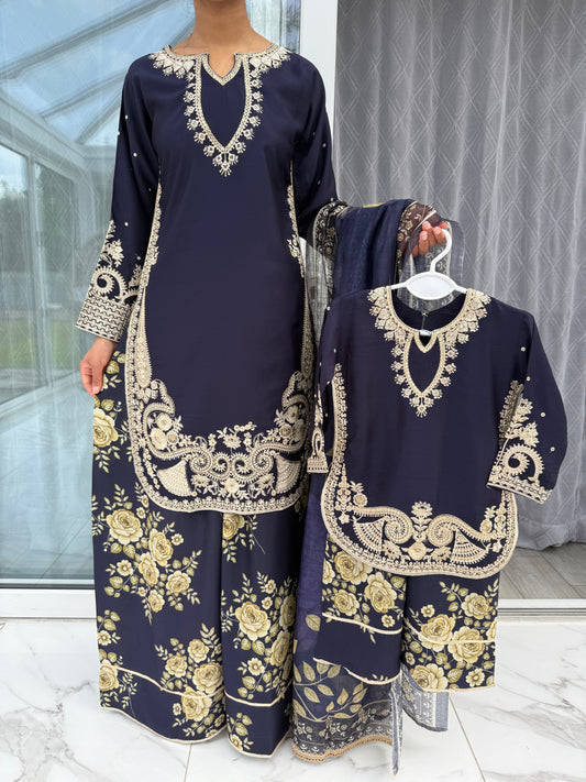 MIRA MOTHER/DAUGHTER COLLECTION BLUE - Embroidered kameez with printed Sharara